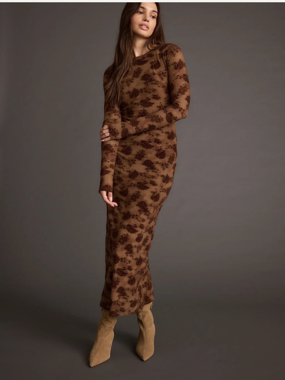 12th Tribe Brown Floral Bodycon Maxi Dress, Never Worn